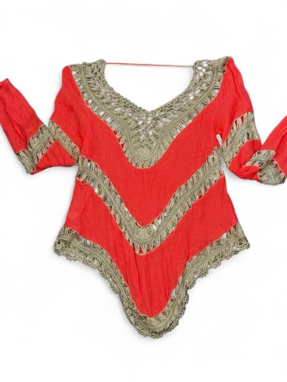 Umgee Cream Pink Crochet Open Knit Tunic Top Womens M Beach Hippie Festival Boho